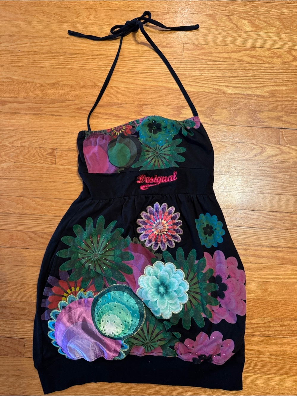 Desigual Black Halter Dress with Multicolor Floral Print